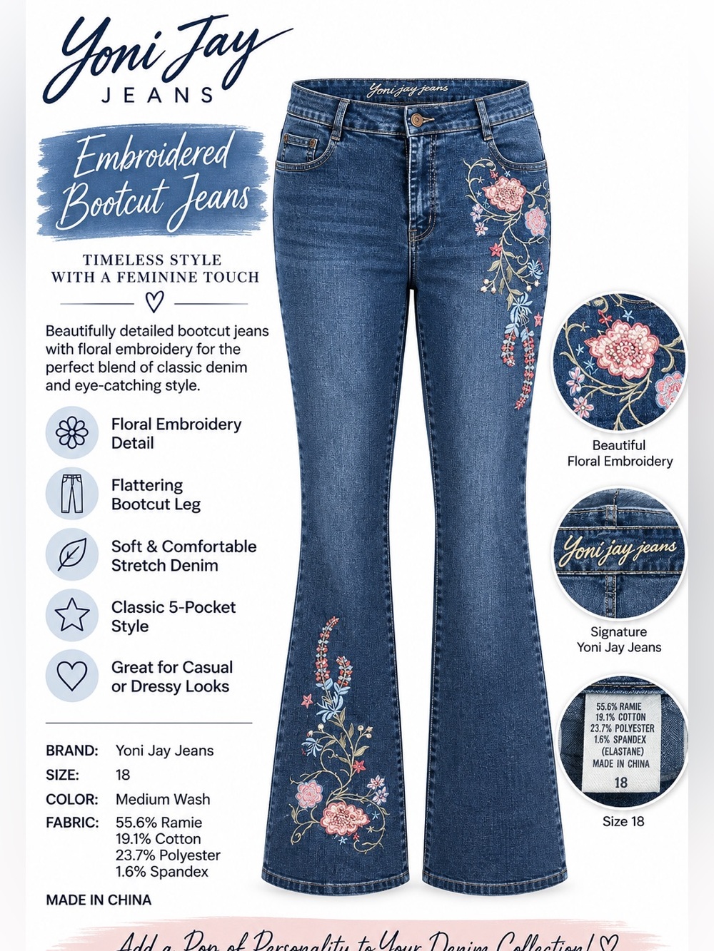 Yoni Jay Jeans Embroidered Floral Bootcut Stretch Denim Jeans Size 18 Boho
